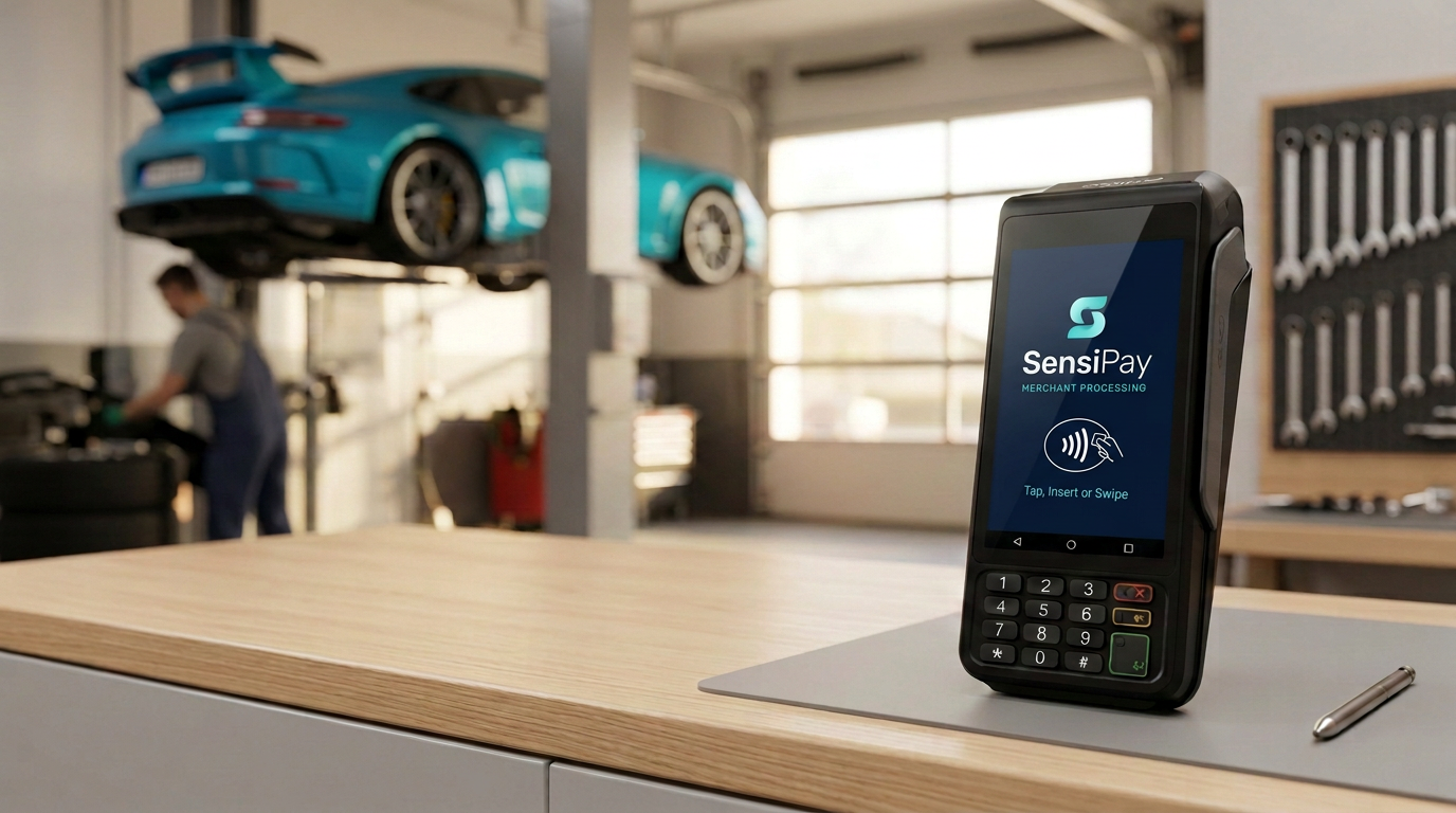 SensiPay card terminal on an auto shop service counter